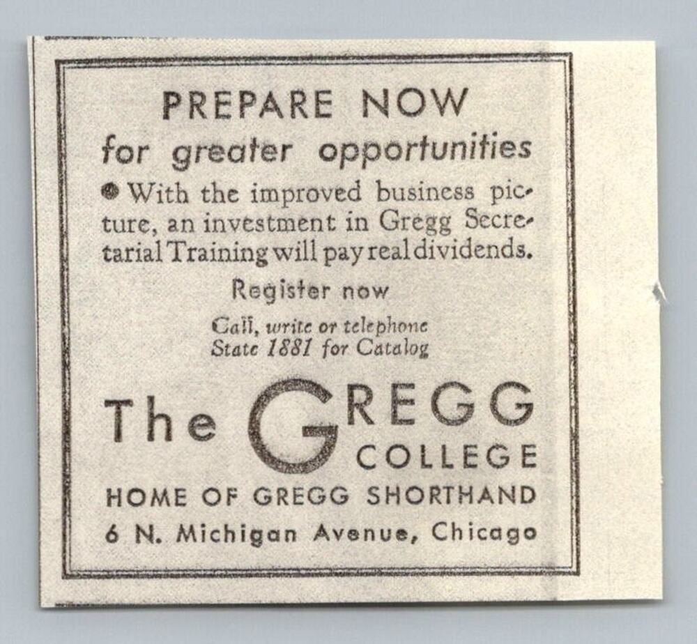 Gregg College Chicago Shorthand Secretarial Training Ad 1930s Ephemera Vintage
